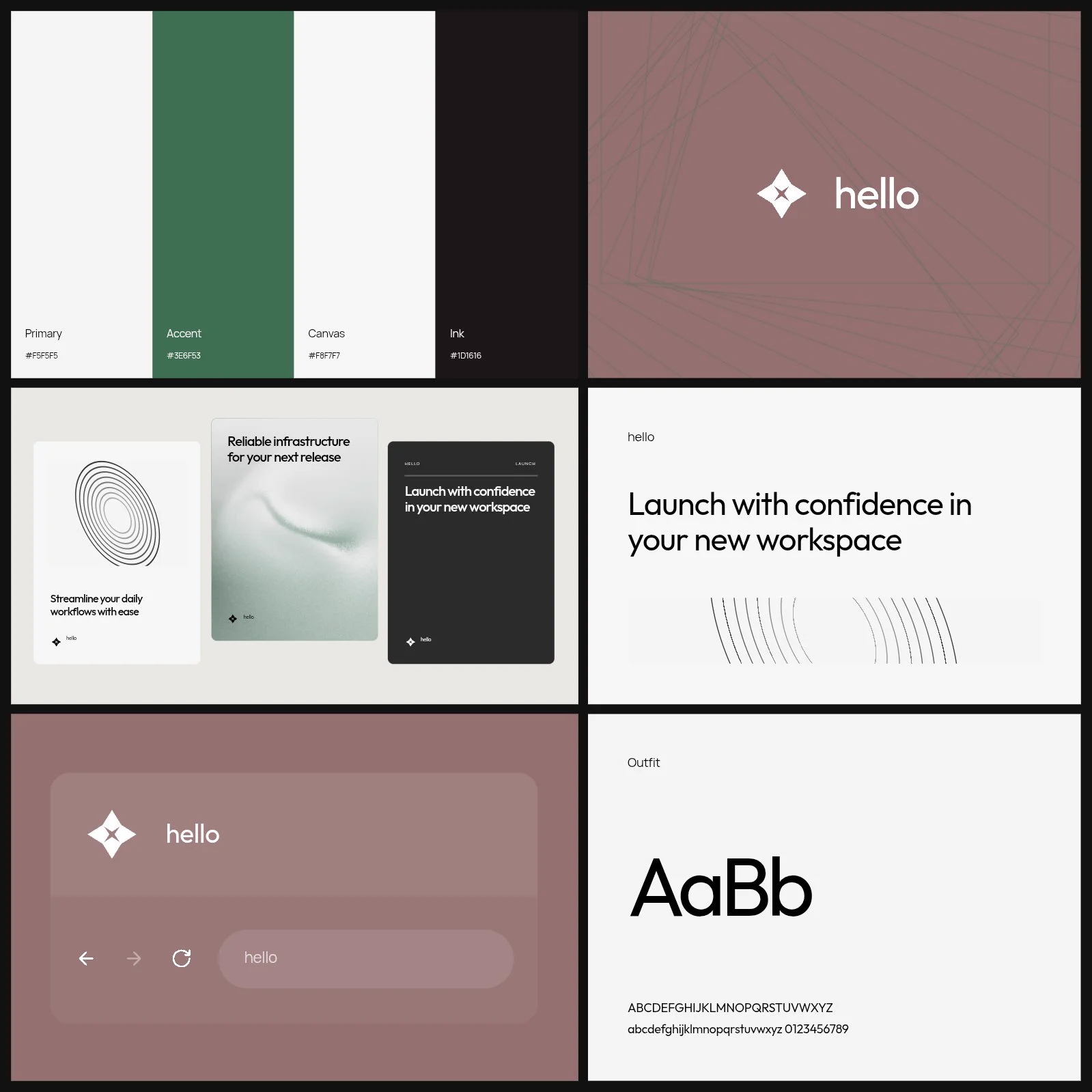 Glyph brand output bringing a logo, colour palette, typography, business cards, and a website preview together in one identity.